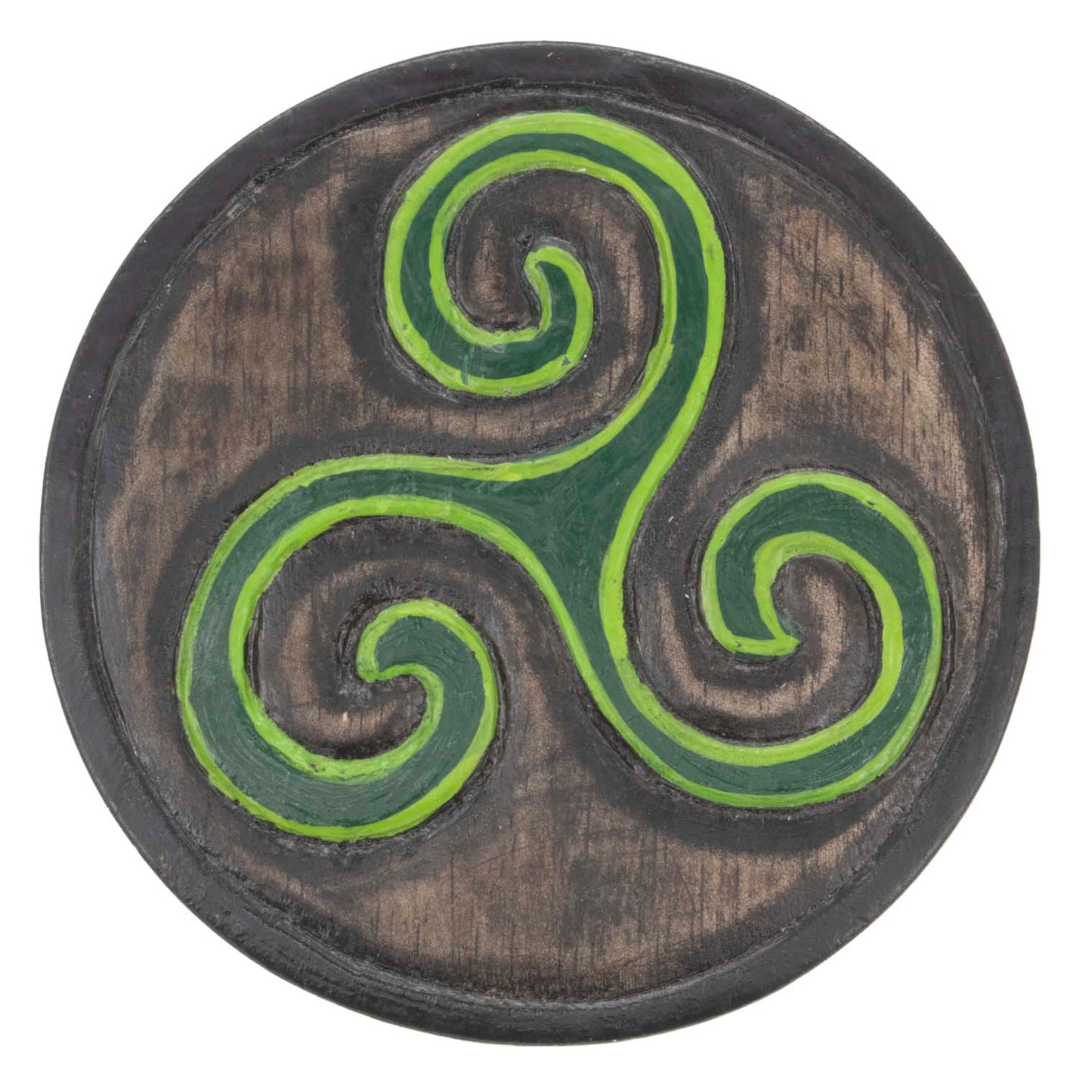 Front view of mini triskelion carved wood disc on white background, green painted spiral arms on dark stained wood