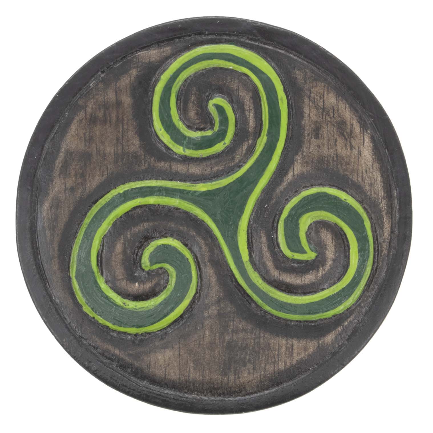 Front view of mini triskelion carved wood disc on white background, green painted spiral arms on dark stained wood