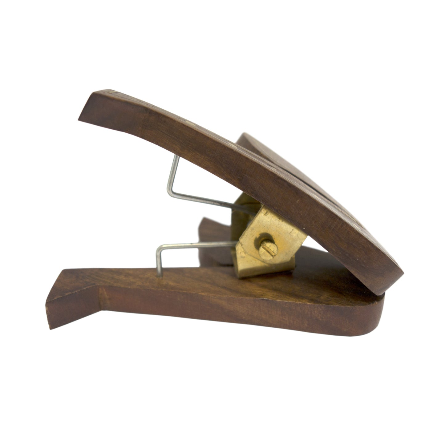 Saxophone-shaped music sheet clip hand-carved in rosewood with brass inlaid detailing and a sprung brass-fixed hinge
