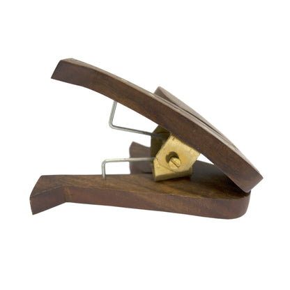Saxophone-shaped music sheet clip hand-carved in rosewood with brass inlaid detailing and a sprung brass-fixed hinge