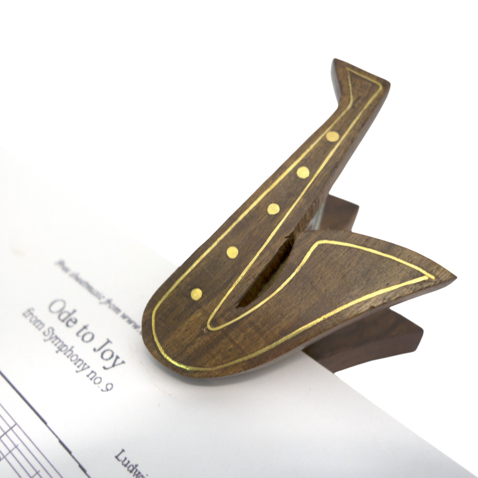 Saxophone-shaped music sheet clip hand-carved in rosewood with brass inlaid detailing and a sprung brass-fixed hinge