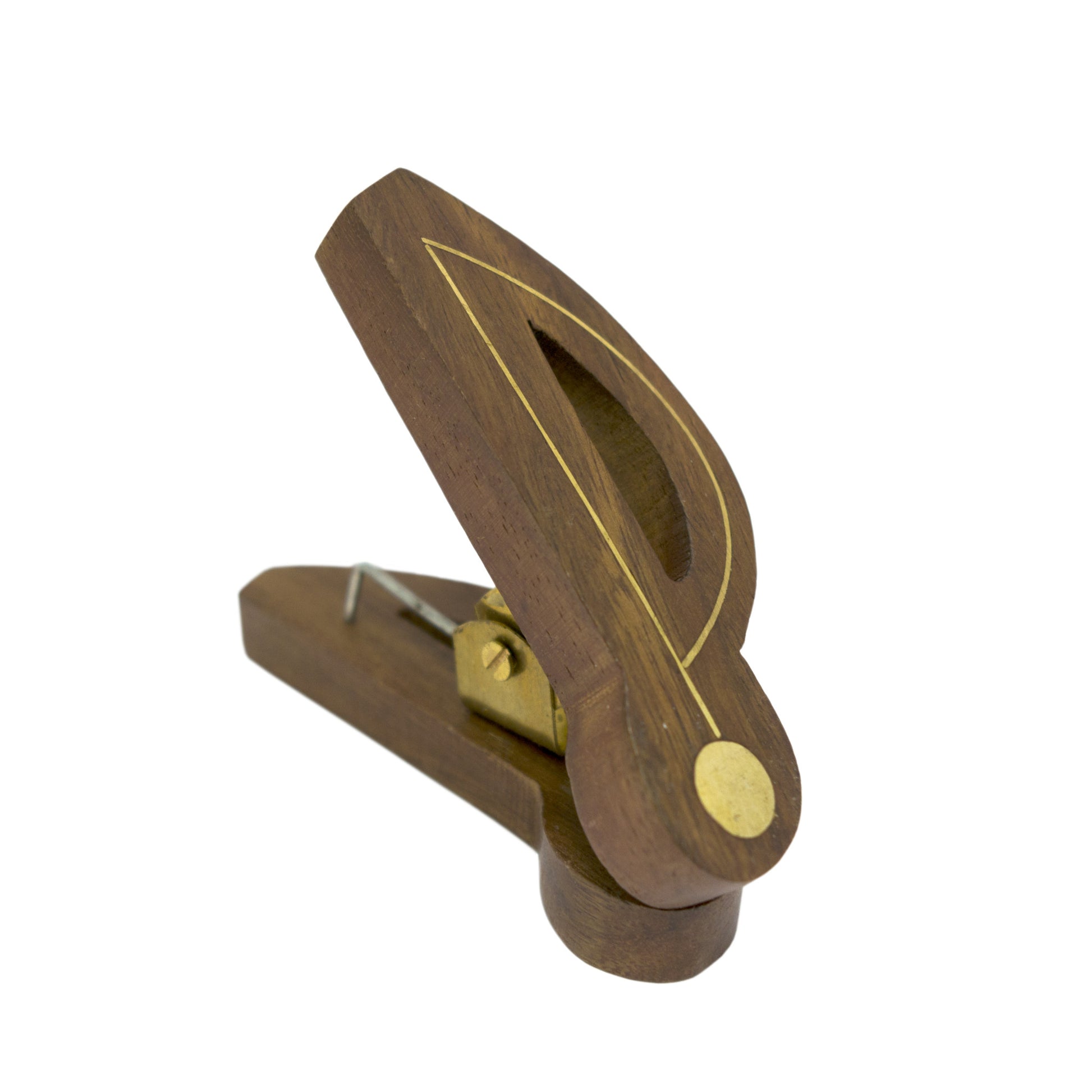 Single quaver-shaped music sheet clip hand-carved in Indian rosewood with brass inlay and a sprung brass-fixed hinge