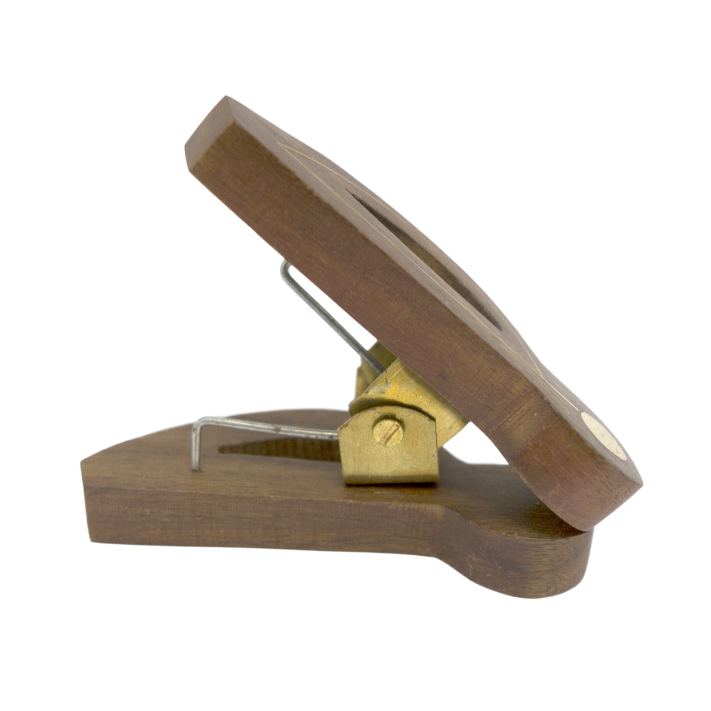 Single quaver-shaped music sheet clip hand-carved in Indian rosewood with brass inlay and a sprung brass-fixed hinge