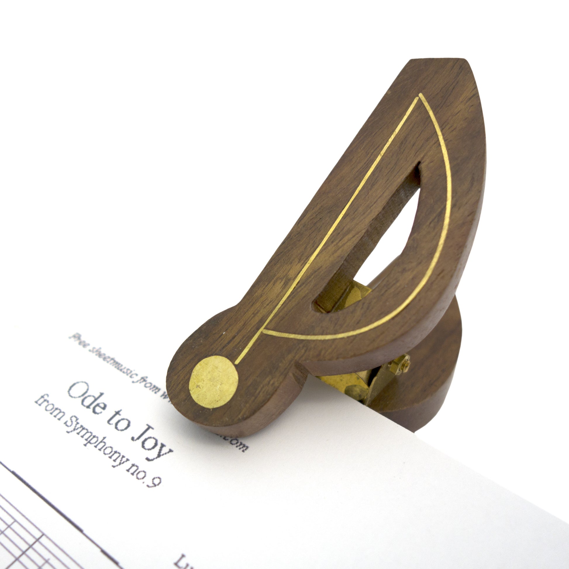 Single quaver-shaped music sheet clip hand-carved in Indian rosewood with brass inlay and a sprung brass-fixed hinge