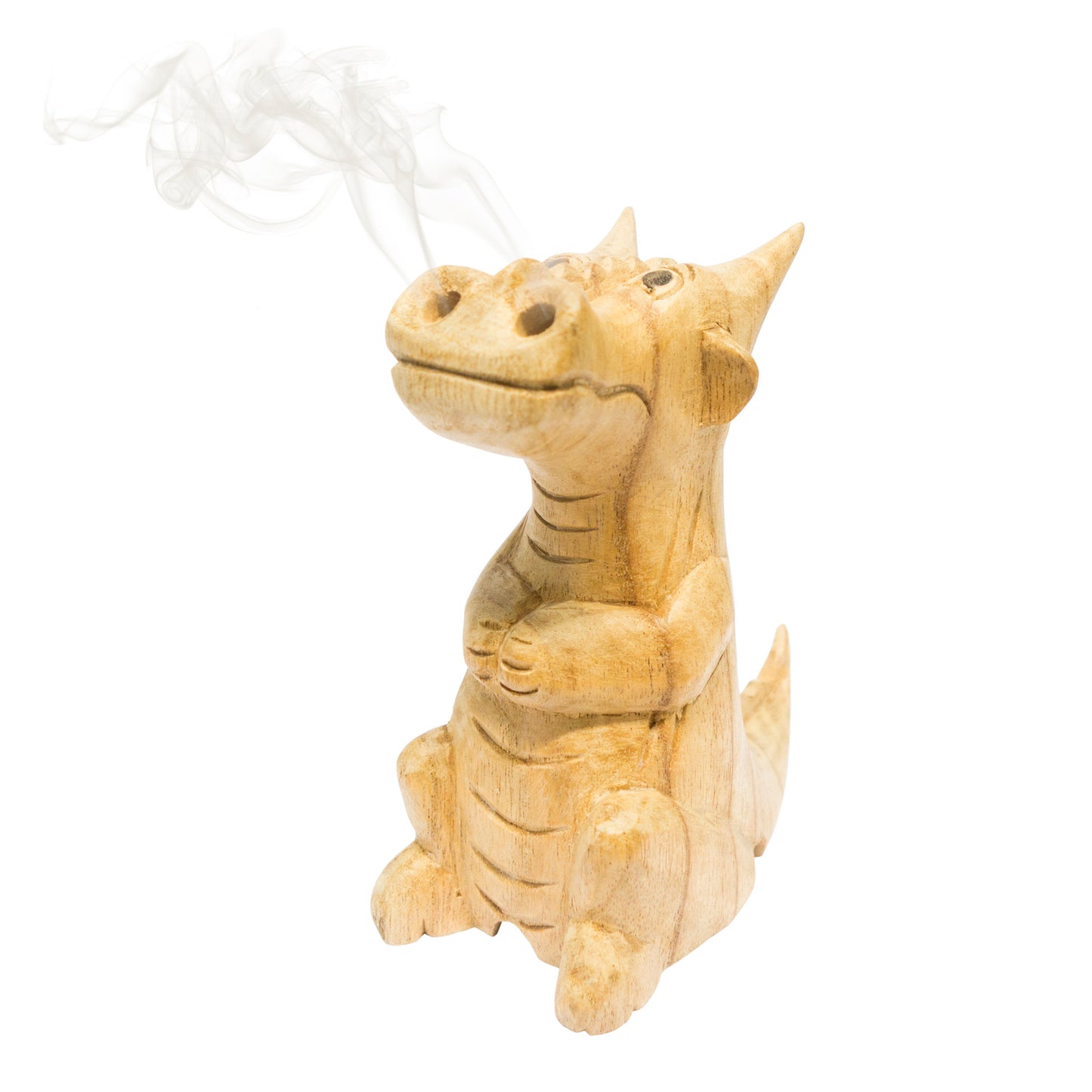Large hand-carved wooden smoking dragon incense burner, a seated dragon with scaled back, clawed feet and curled tail, with smoke channels carved through the nostrils