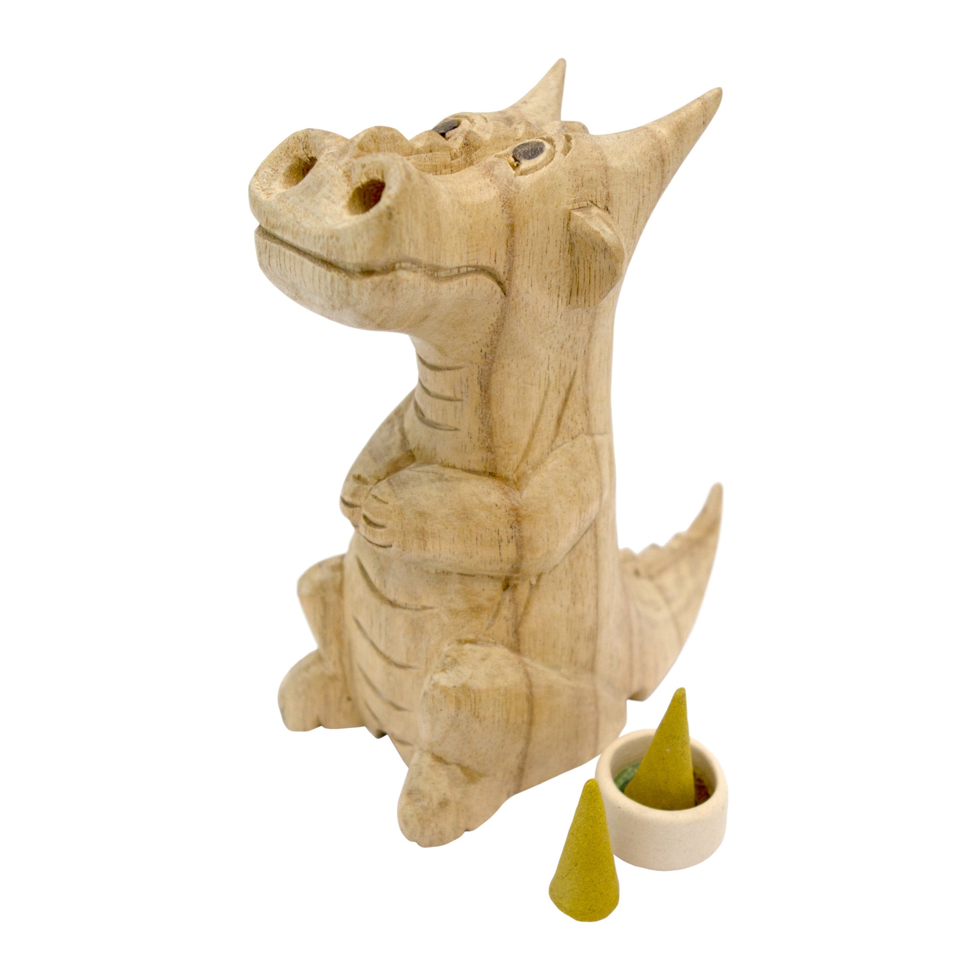 Large hand-carved wooden smoking dragon incense burner, a seated dragon with scaled back, clawed feet and curled tail, with smoke channels carved through the nostrils
