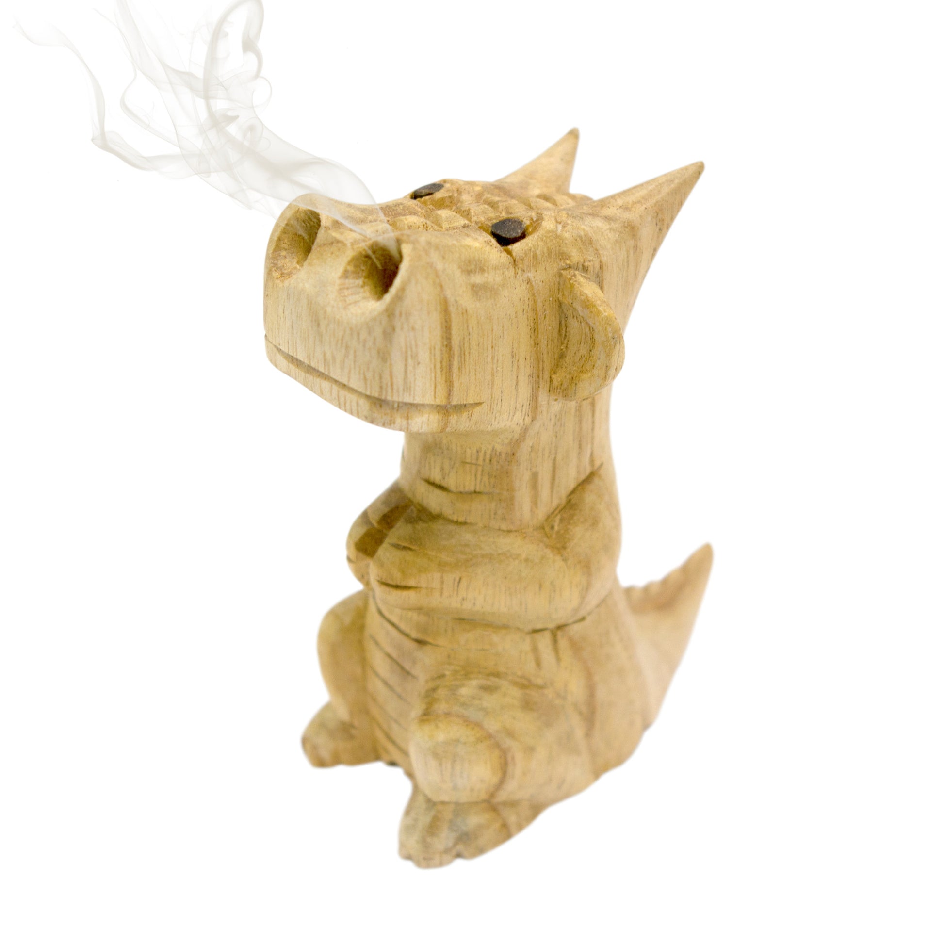 Hand-carved wooden smoking dragon incense burner, a seated dragon with scaled back, clawed feet and curled tail, smoke channels carved through the nostrils