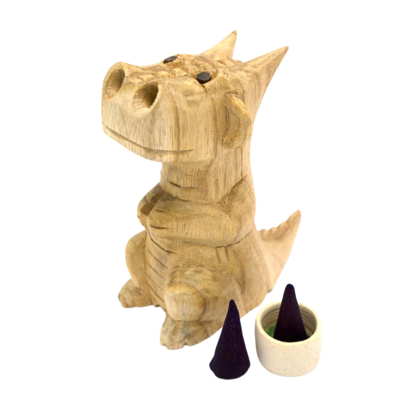Hand-carved wooden smoking dragon incense burner, a seated dragon with scaled back, clawed feet and curled tail, smoke channels carved through the nostrils