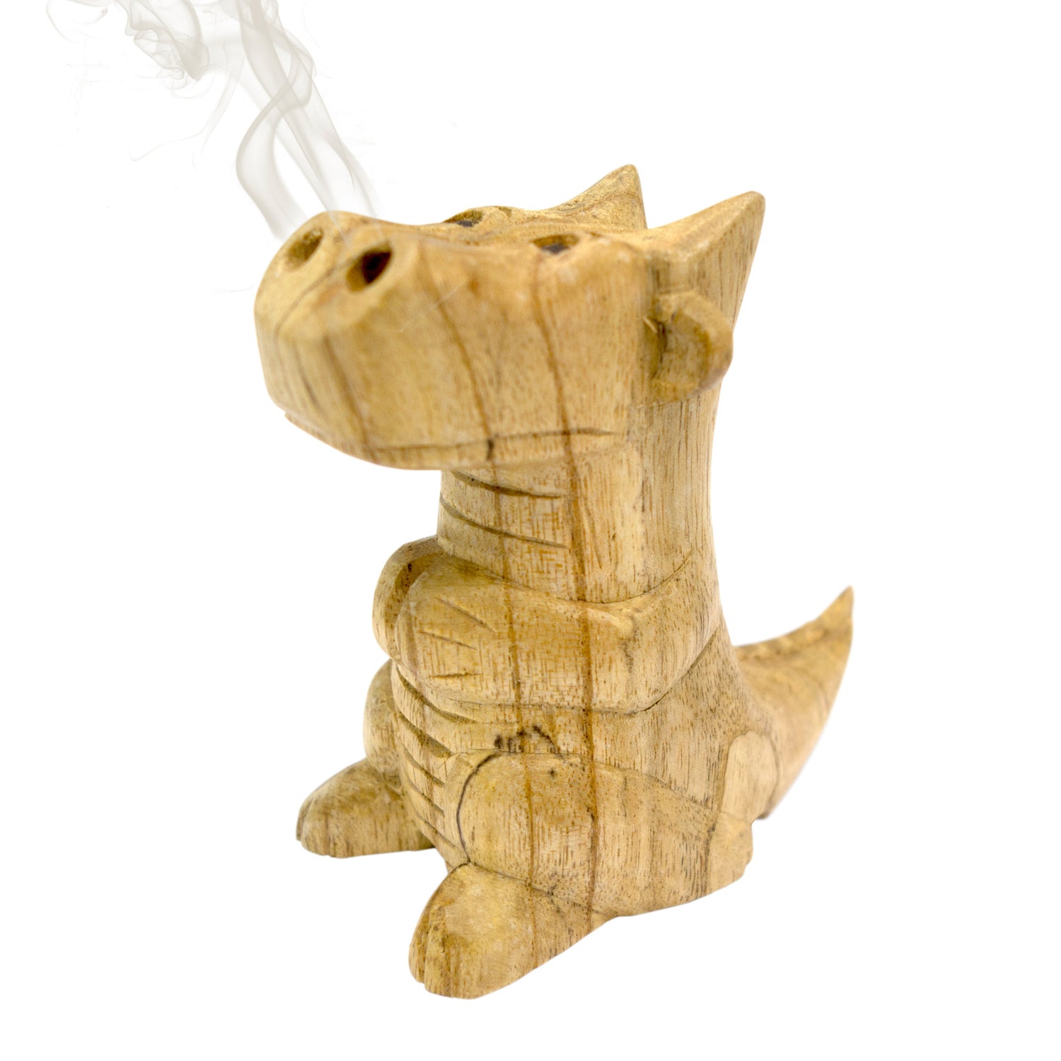 Small hand-carved wooden smoking dragon incense burner, a seated dragon with scaled back, clawed feet and curled tail, smoke channels carved through the nostrils