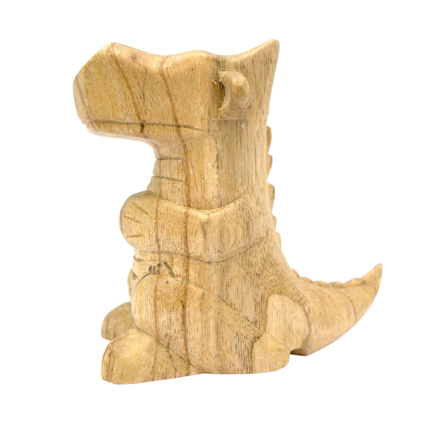 Small hand-carved wooden smoking dragon incense burner, a seated dragon with scaled back, clawed feet and curled tail, smoke channels carved through the nostrils